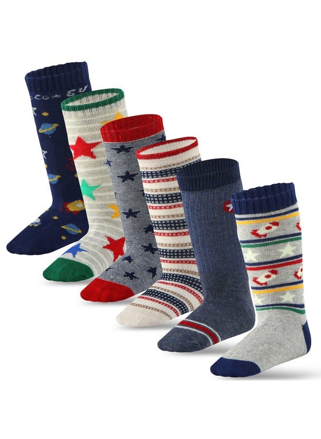 Cottock 6 Pairs Toddler Boy Non Skid Socks Baby Boy Knee High Socks, Cotton Socks for Boys Grips Socks Anti Slip Socks, 6 Pairs Super Star, 1-3 Years - Image 1